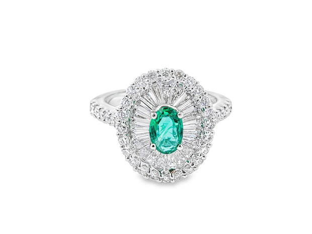 White Gold Emerald and Diamond Double Halo Fashion Ring