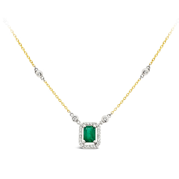 Yellow Gold Emerald and Diamond Halo Necklace