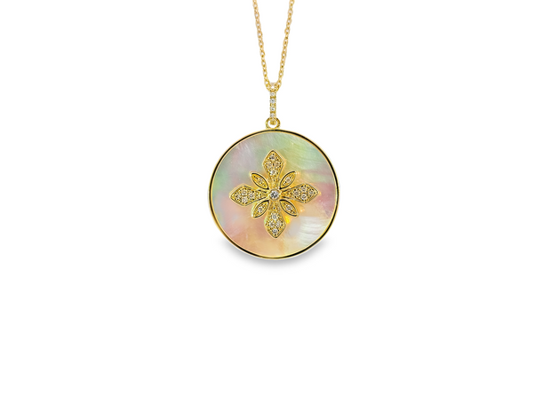 Yellow Gold Mother Of Pearl and Diamond Fashion Pendant
