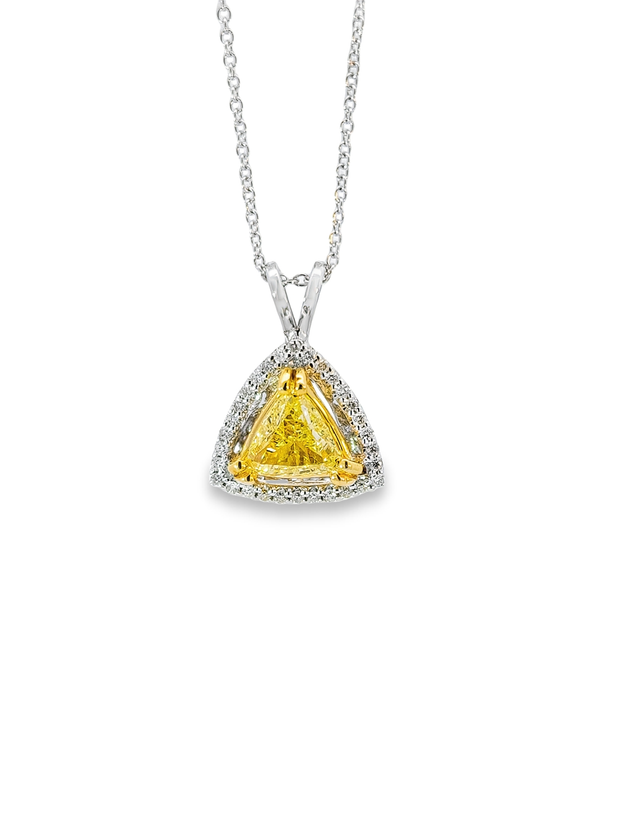 White/Yellow Gold Fancy Yellow Trillion Cut Diamond Halo Pendant