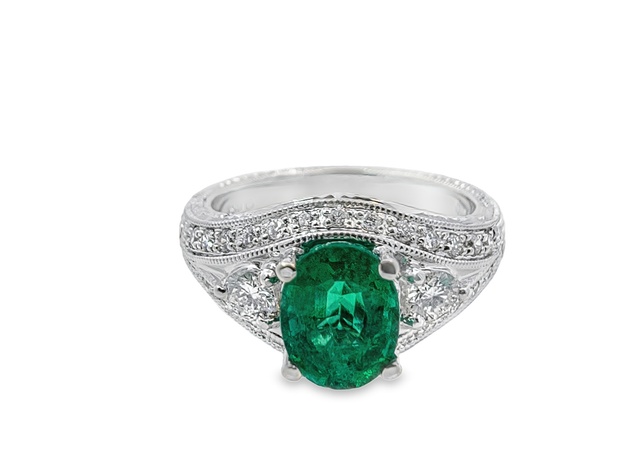 White Gold Emerald and Diamond Fashion Ring