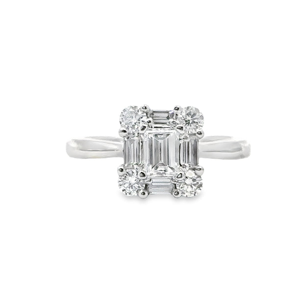 White Gold Emerald Cut Diamond Halo Engagement Ring