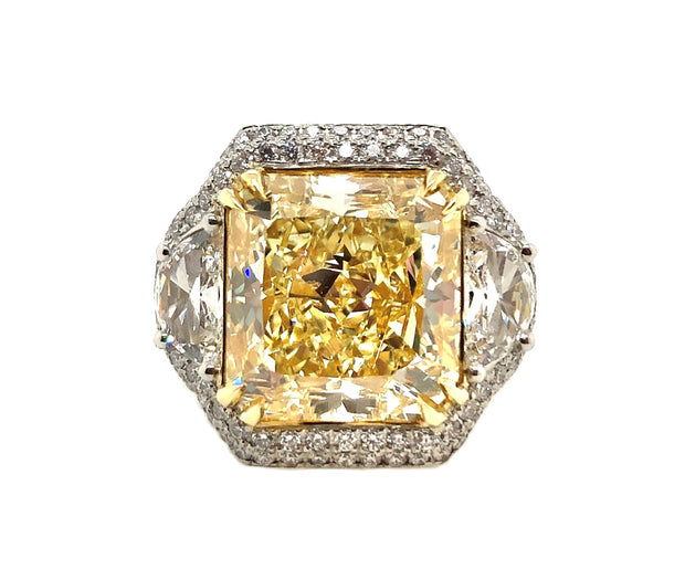 White/Yellow Gold Fancy Yellow Diamond Three Stone Halo Ring