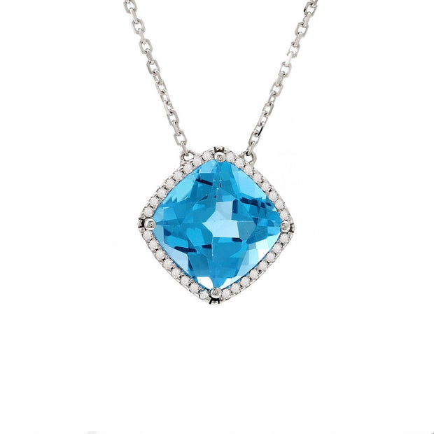White Gold Blue Topaz and Diamond Halo Necklace