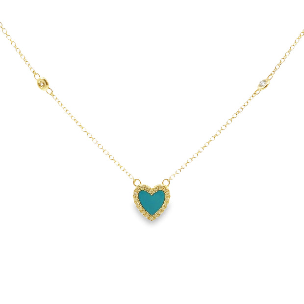 Yellow Gold Turquoise and Diamond Halo Heart Necklace