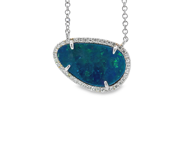 White Gold Opal and Diamond Halo Fashion Necklace