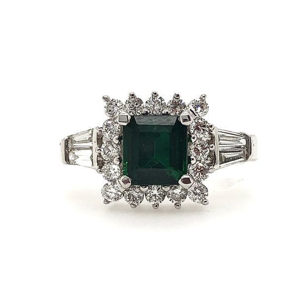 White Gold Emerald and Diamond Halo Ring