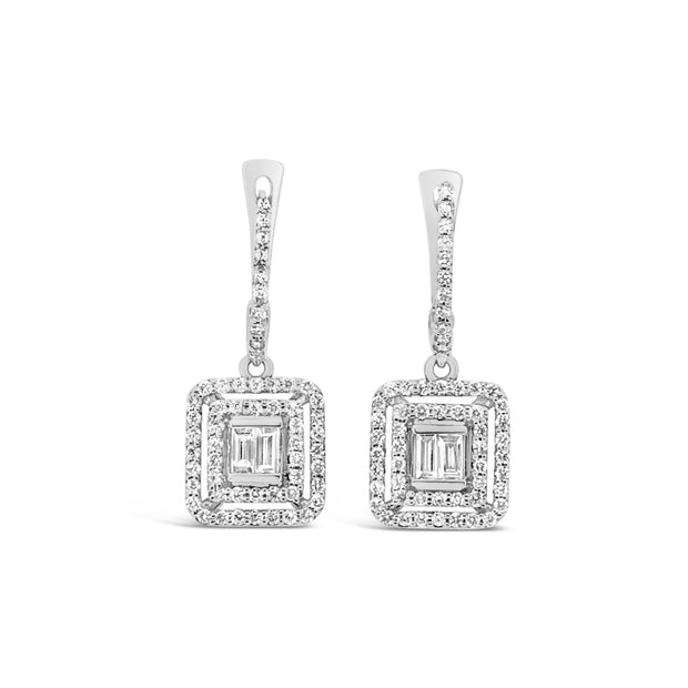 White Gold Diamond Fashion Dangle Double Halo Earrings