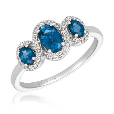 LeVian White Gold Sapphire and Diamond Three Stone Halo Ring
