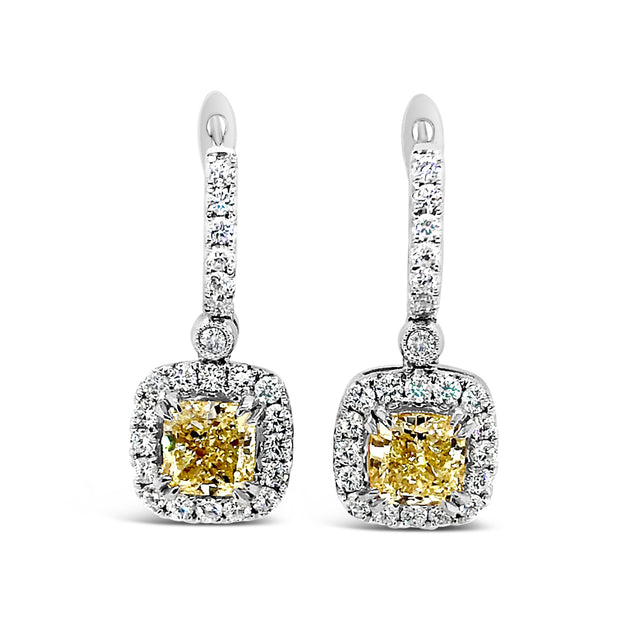 White/Yellow Gold Fancy Yellow Diamond Halo Drop Earrings