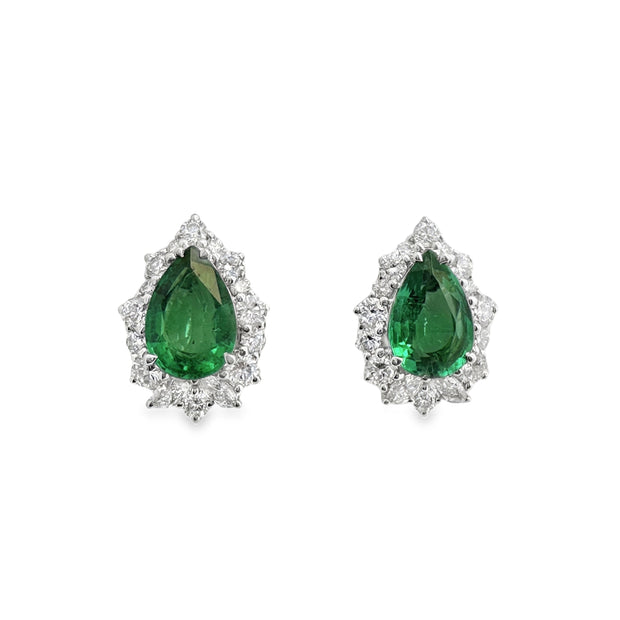 White Gold Emerald and Diamond Halo Stud Earrings