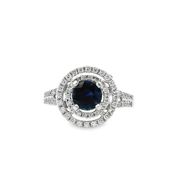 White Gold Sapphire and Diamond Halo Fashion Ring