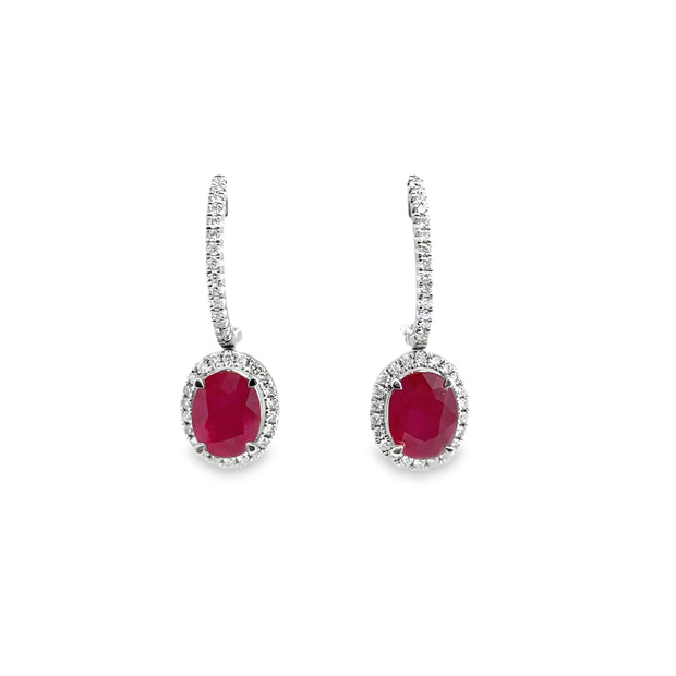 White Gold Ruby and Diamond Halo Dangle Earrings