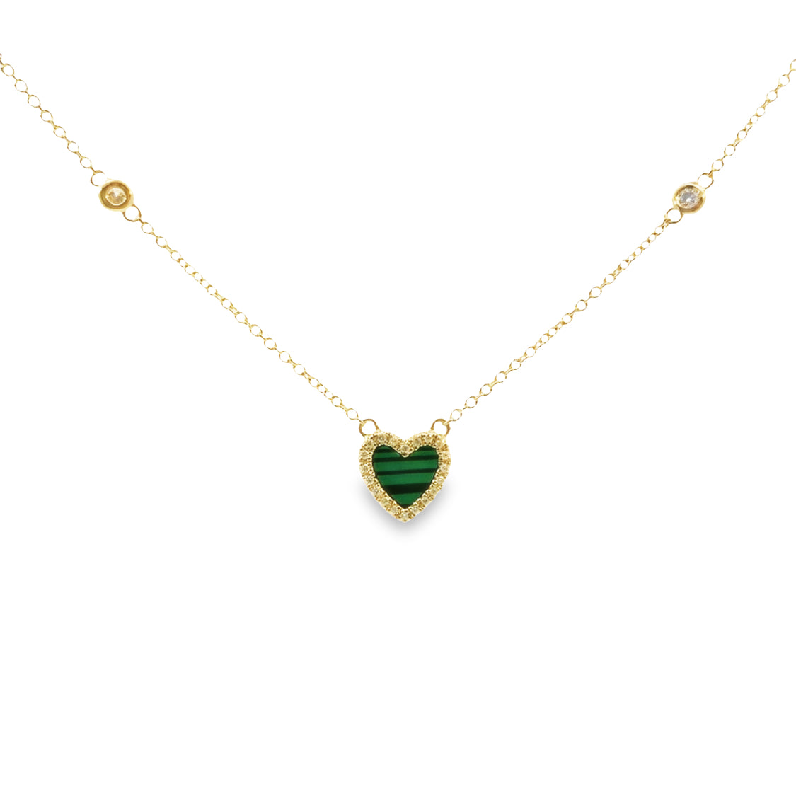 Yellow Gold Malachite and Diamond Halo Heart Necklace