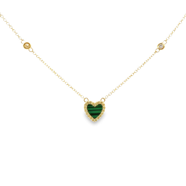 Yellow Gold Malachite and Diamond Halo Heart Necklace
