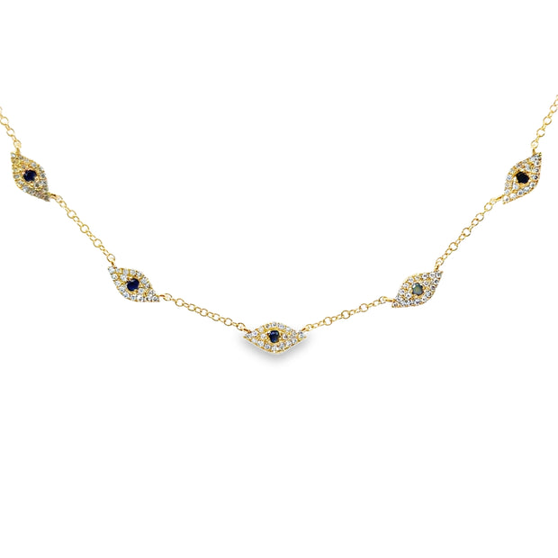Yellow Gold Sapphire and Diamond Evil Eye Necklace