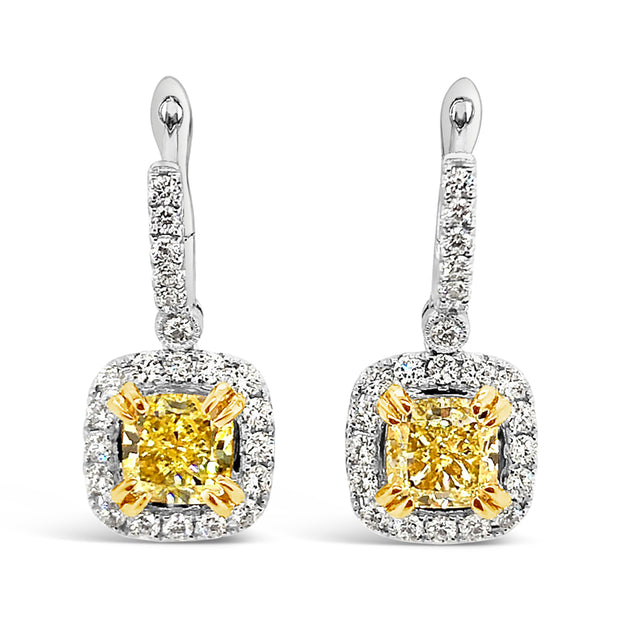 White/Yellow Gold Fancy Yellow Diamond Halo Drop Earrings