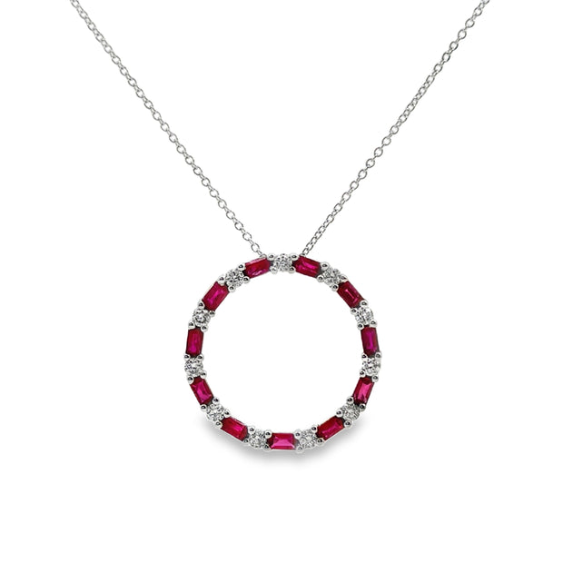 White Gold Alternating Ruby and Diamond CIrcle Pendant