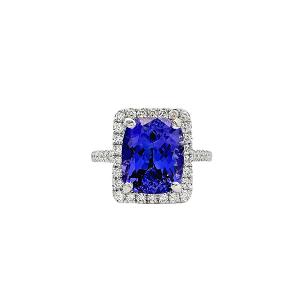 White Gold Tanzanite and Diamond Halo Ring