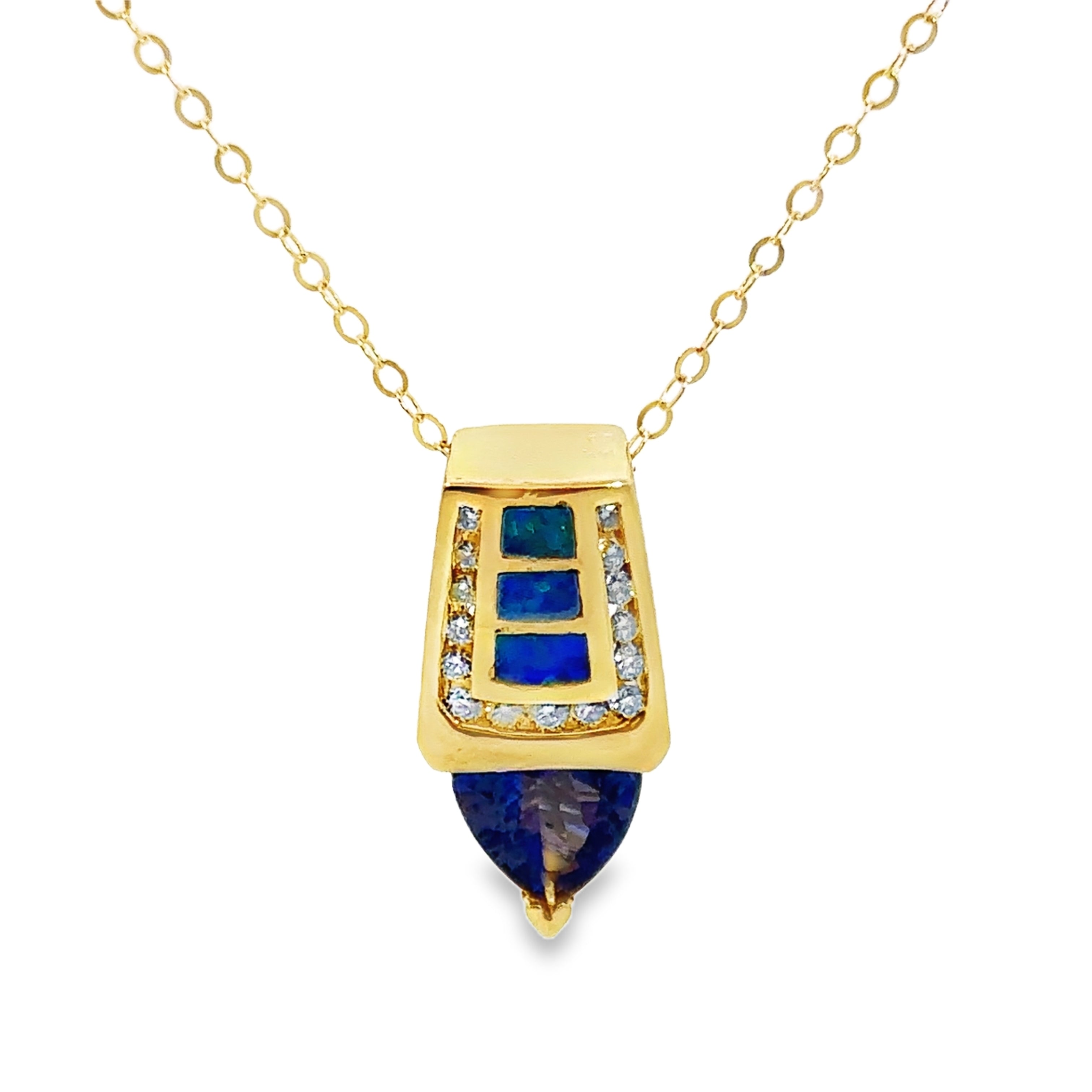 Yellow Gold Tanzanite, Opal and Diamond Pendant