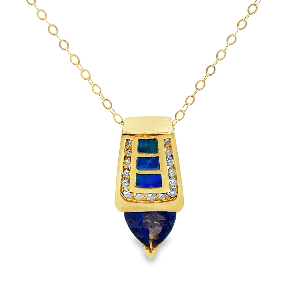 Yellow Gold Tanzanite, Opal and Diamond Pendant