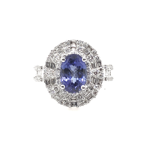 White Gold Tanzanite and Diamond Halo Ring