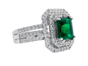 White Gold Emerald and Diamond Double Halo Ring