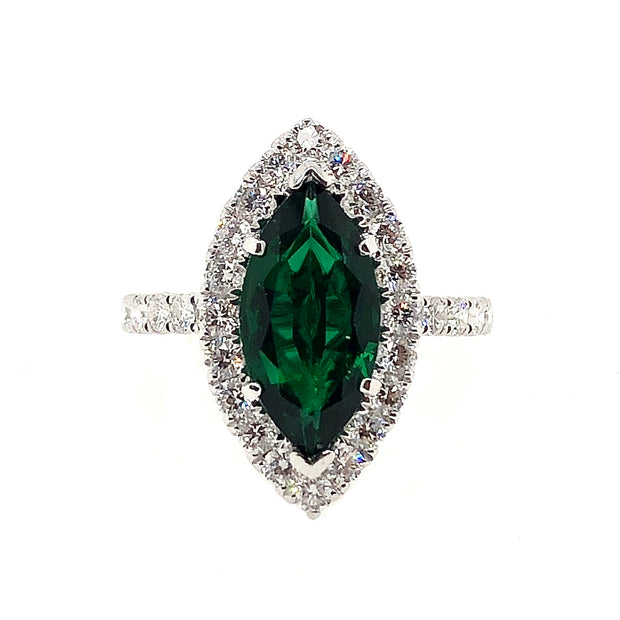 White Gold Emerald and Diamond Halo Ring