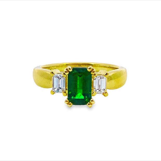 Yellow Gold Emerald and Diamond Three Stone Ring