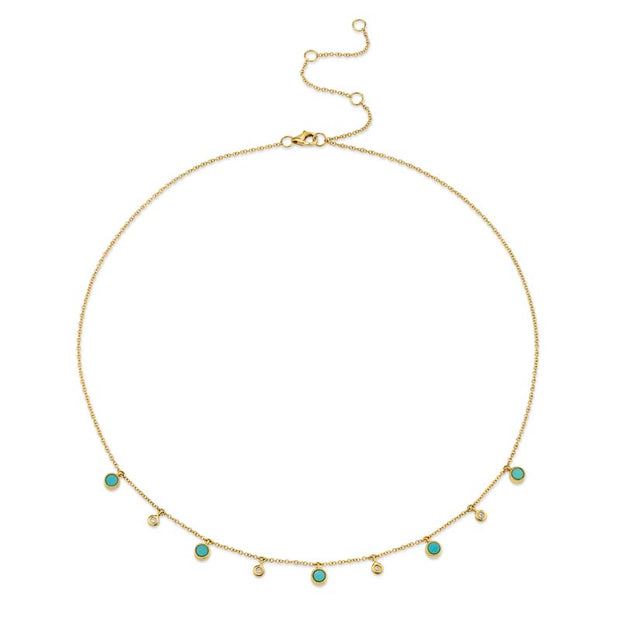 Shy Creation Yellow Gold Turquoise and Diamond Stationed Necklace