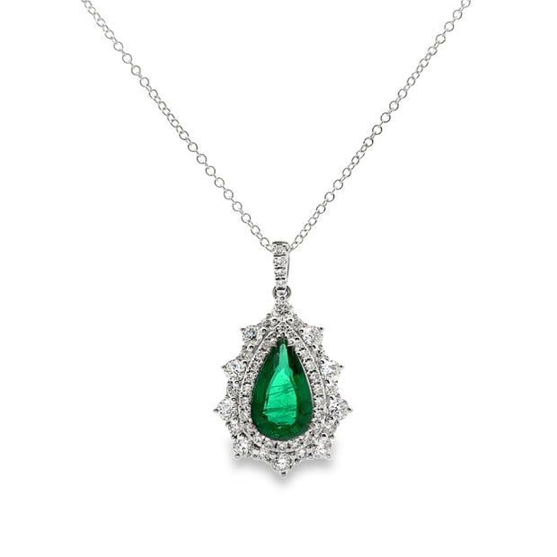 White Gold Emerald and Diamond Double Halo Pendant