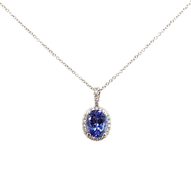 White Gold Tanzanite and Diamond Halo Pendant