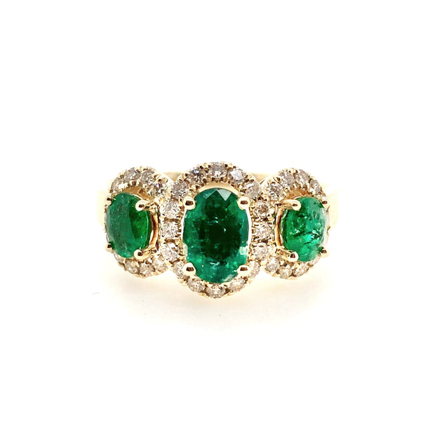 Yellow Gold Emerald and Diamond Three Stone Halo Ring