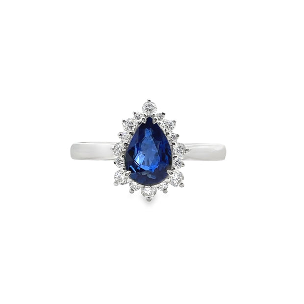 White Gold Sapphire and Diamond Halo Ring