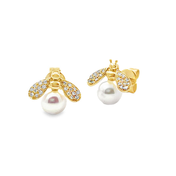 Yellow Gold Pearl and Diamond Stud Earrings
