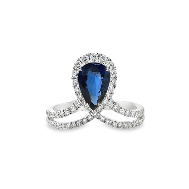 White Gold Sapphire and Diamond Halo Ring