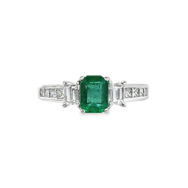 White Gold Emerald and Diamond Three Stone Ring