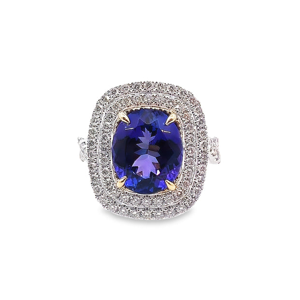 White Gold Tanzanite and Diamond Halo Ring