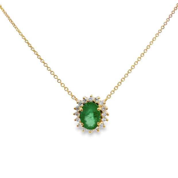 Yellow Gold Emerald and Diamond Halo Necklace