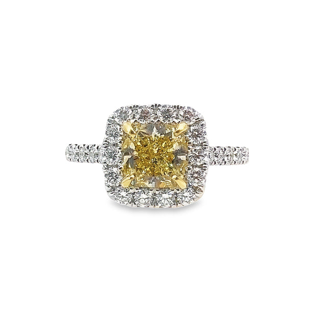 White/Yellow Gold Fancy Yellow Cushion Halo Diamond Ring