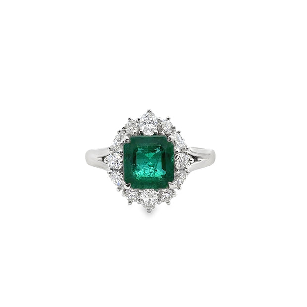 White Gold Emerald and Diamond Halo Ring