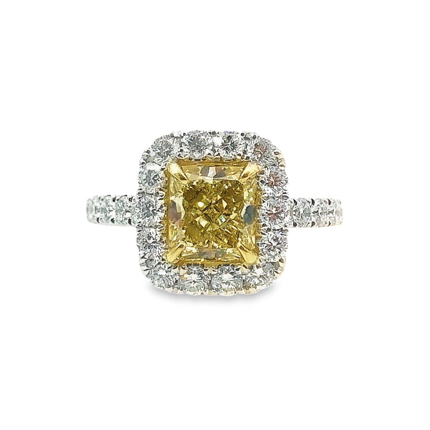 White/Yellow Gold Fancy Yellow Cushion Halo Diamond Ring