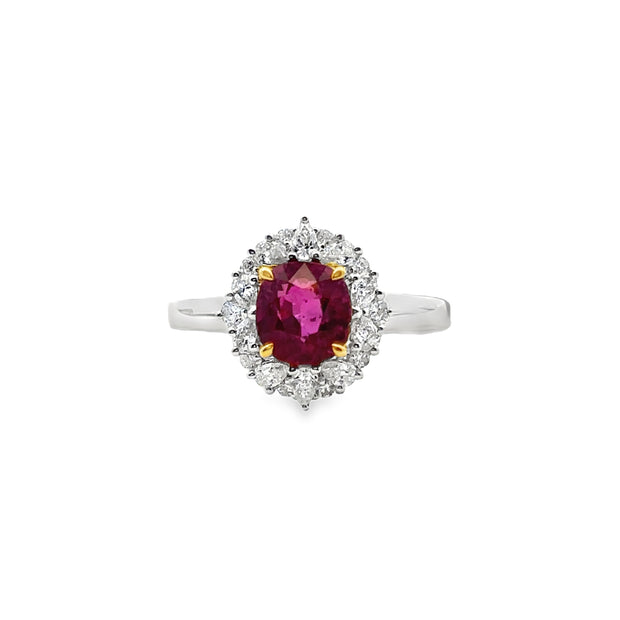White Gold Ruby and Diamond Halo Ring