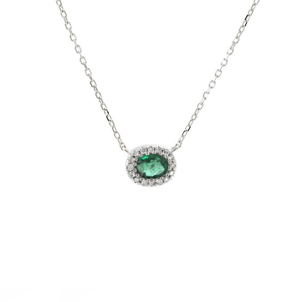 White Gold Emerald and Diamond Halo Necklace