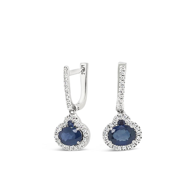 White Gold Sapphire and Diamond Halo Drop Earrings