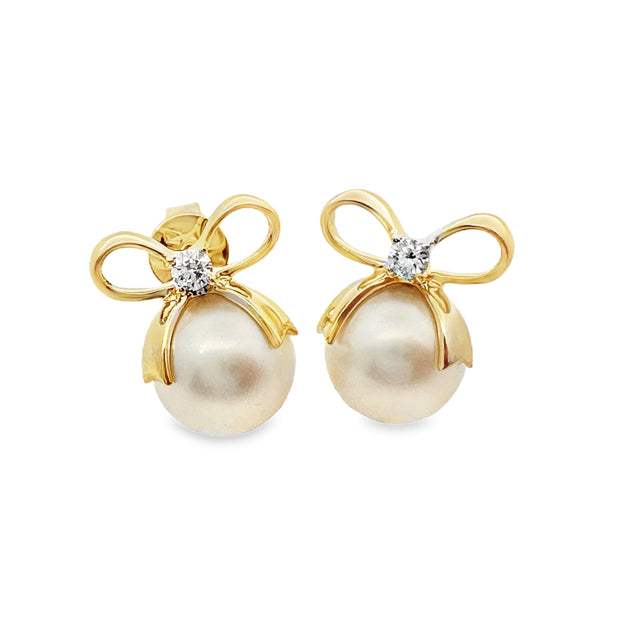 Yellow Gold Pearl and Diamond Stud Earrings