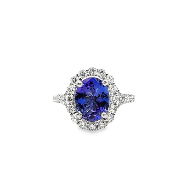 White Gold Tanzanite and Diamond Halo Ring