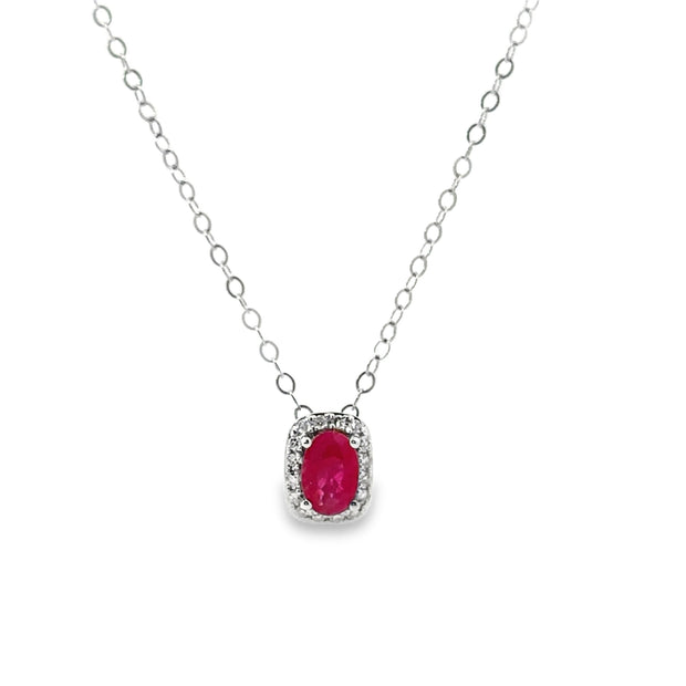 White Gold Ruby and Diamond Halo Necklace
