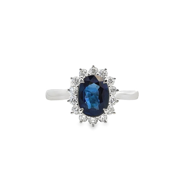 White Gold Sapphire and Diamond Halo Ring