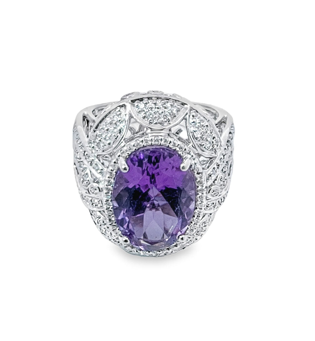 White Gold Oval Amethyst and Diamond Fashion Ring – Padis Jewelry